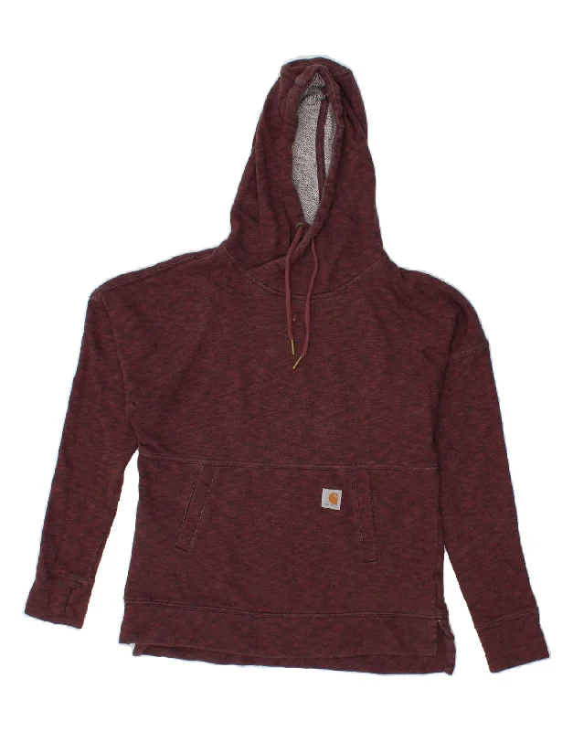 CARHARTT Womens Hoodie Jumper UK 6 XS Maroon Cotton Hoodie with Hem Detail Decorative Unique