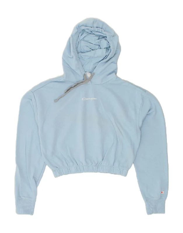 CHAMPION Womens Crop Hoodie Jumper UK 16 Large Blue Cotton Hoodie with Slit Hem Functional Movement