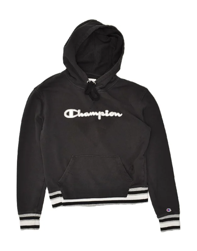 CHAMPION Womens Graphic Hoodie Jumper UK 10 Small Black Cotton Hoodie with Toggle Buttons Decorative Unique