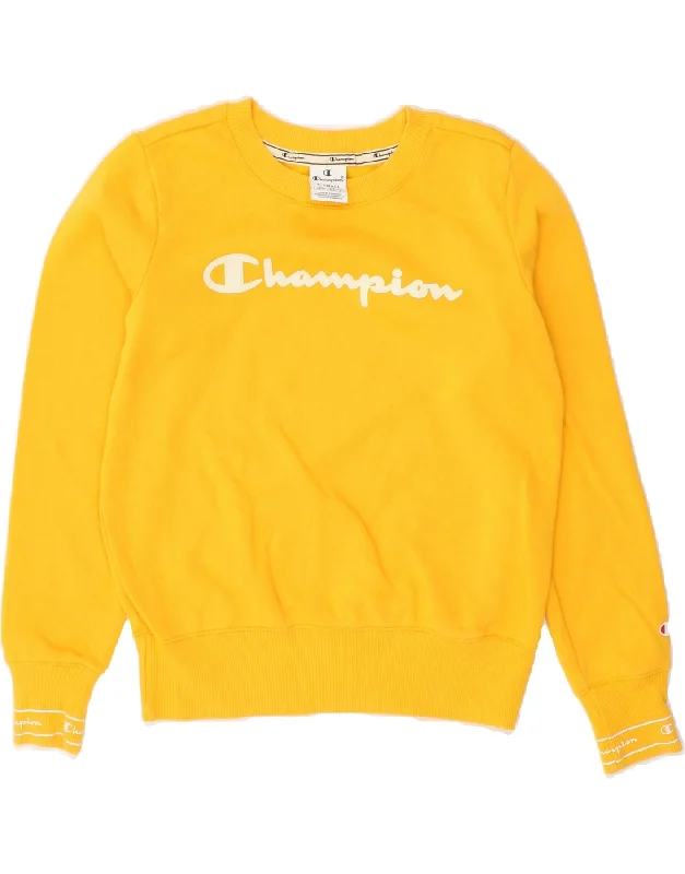 CHAMPION Womens Graphic Sweatshirt Jumper UK 6 XS Yellow Hoodie with Earth Tones Natural Calm