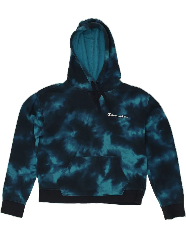 CHAMPION Womens Hoodie Jumper UK 14 Medium Blue Tie Dye Cotton Hoodie with Slim Fit Tailored Modern