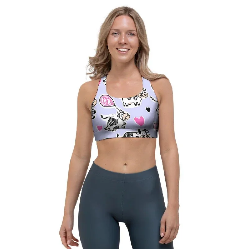 Cow Doodle Print Sports Bra Push-Up Bra Set