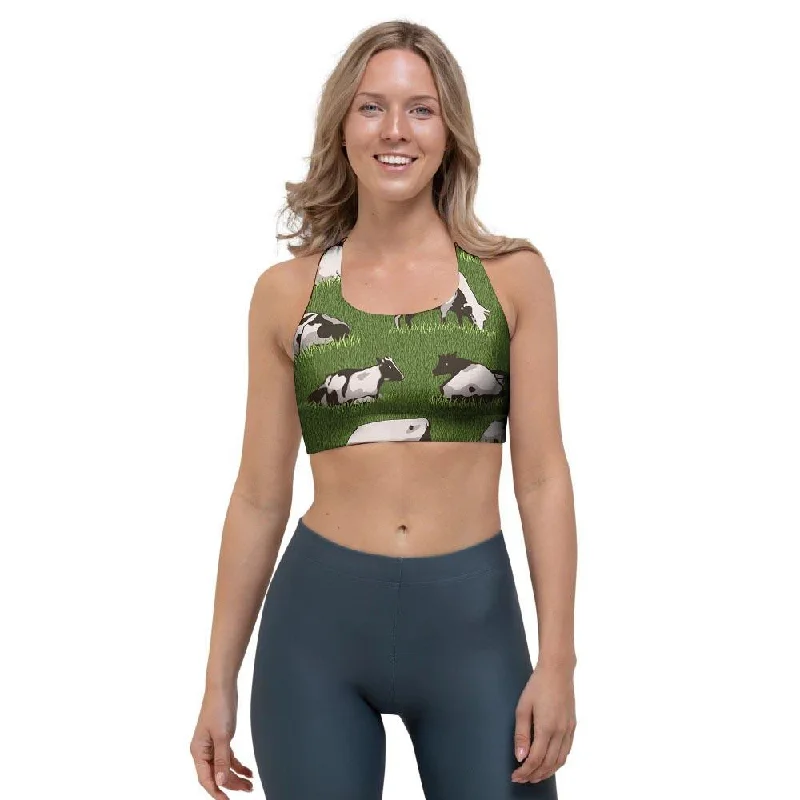 Cow In Grass Print Sports Bra Minimalist Wireless Bra