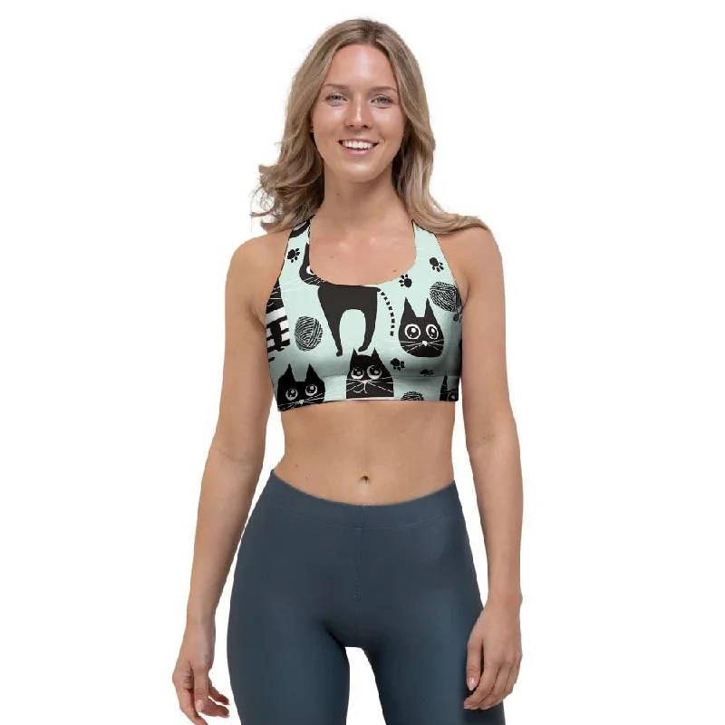 Cute Black Cat Print Sports Bra Sporty Compression Bra