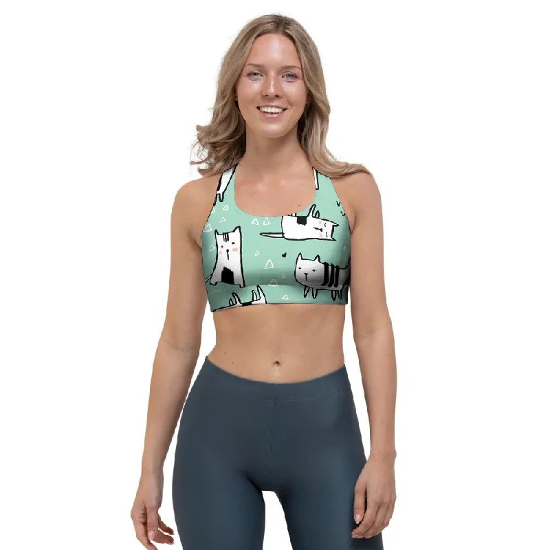 Cute Green Doodle Cat Print Sports Bra Stretchy Wireless Bra