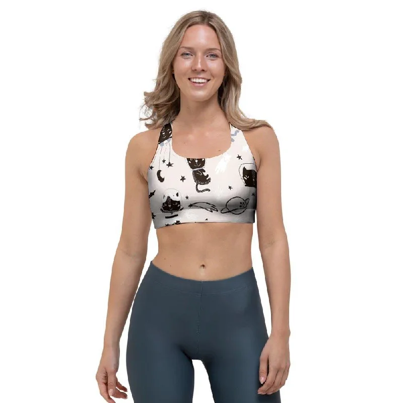 Cute Meow Astronaut Cat Print Sports Bra Push-Up Bra Set