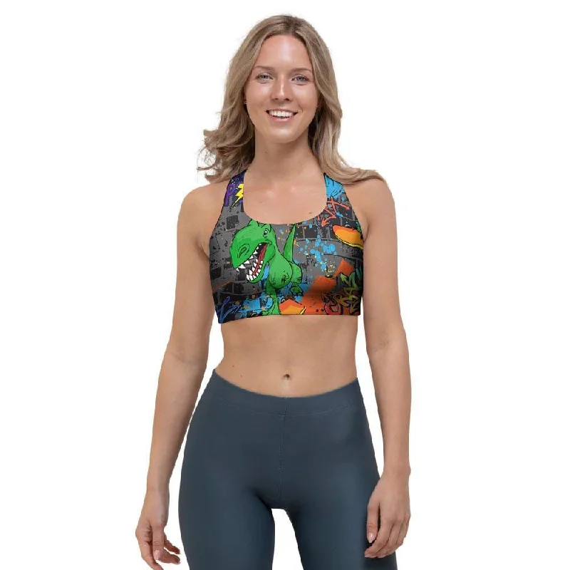 Dinosaur T-rex Graffiti Print Sports Bra Push-Up Bralette Set