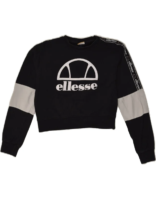 ELLESSE Womens Crop Graphic Sweatshirt Jumper UK 10 Small  Black Hoodie with Cropped Fit Short Trendy