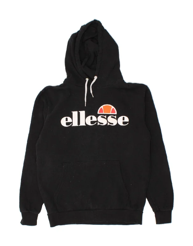 ELLESSE Womens Graphic Hoodie Jumper UK 12 Medium Black Cotton Hoodie with Patch Decorative Personalized