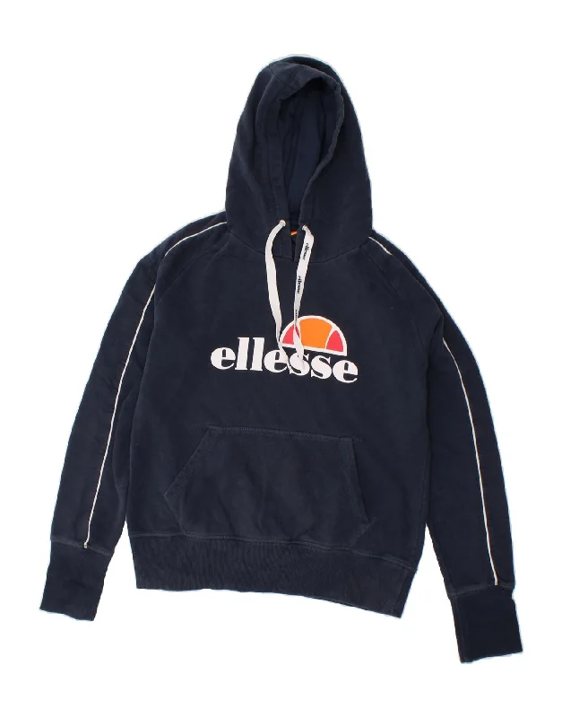 ELLESSE Womens Graphic Hoodie Jumper UK 14 Large Navy Blue Cotton Hoodie with Earth Tones Natural Calm