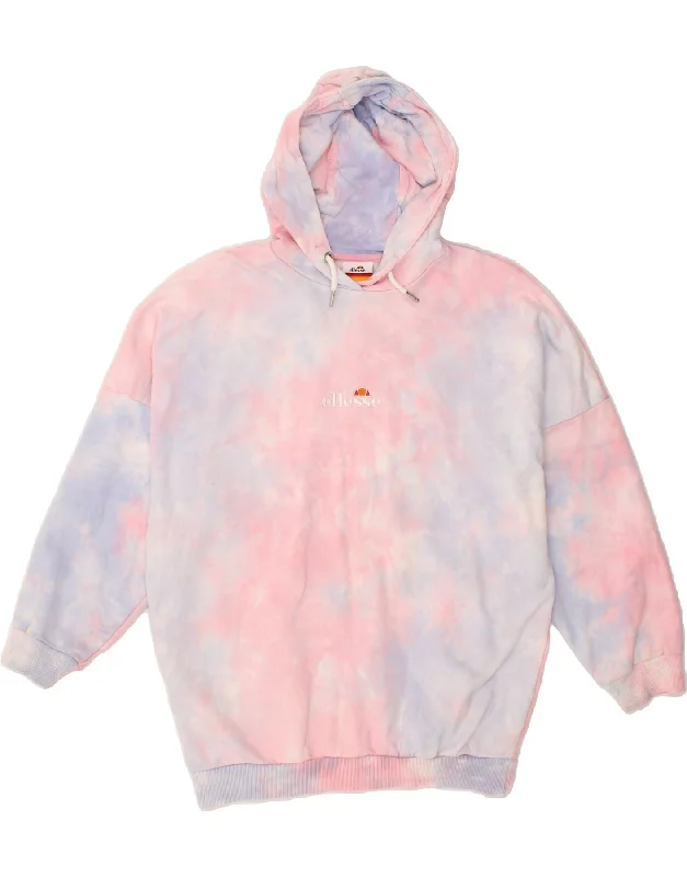 ELLESSE Womens Oversized Hoodie Jumper UK 6 XS Pink Tie Dye Cotton Hoodie with Cuffed Sleeves Snug Secure