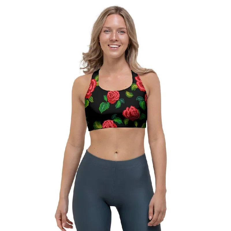 Embroidery Red Rose Floral Print Sports Bra Comfortable Lace Bralette