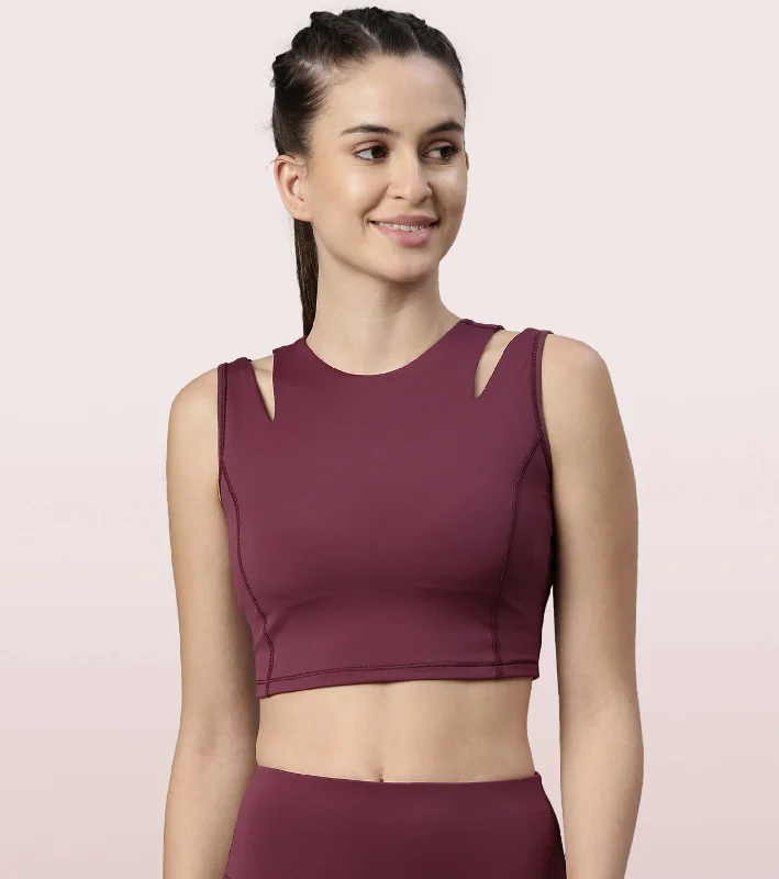 Shelf Bra Crop Vest | Crew Neck Vest With In-Built Shelf Bra Support Sleek Sports Bra