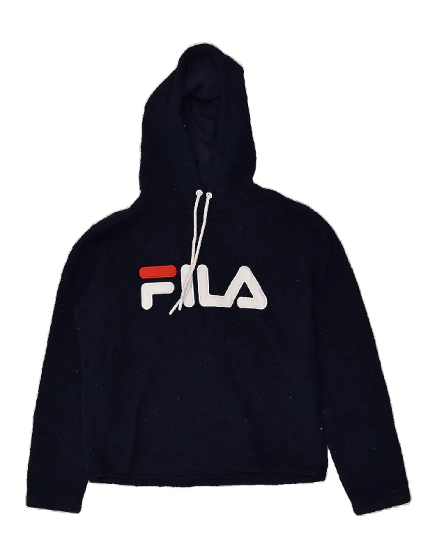 FILA Womens Graphic Hooded Fleece Jumper UK 14 Medium Navy Blue Polyester Hoodie with Sequins Glamorous Eye-catching