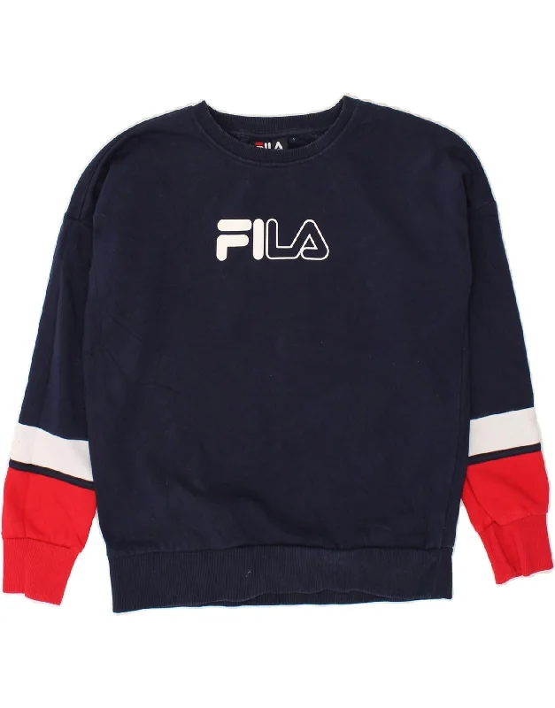 FILA Womens Graphic Sweatshirt Jumper UK 10 Small Navy Blue Cotton Hoodie with Tied Waist Feminine Flattering