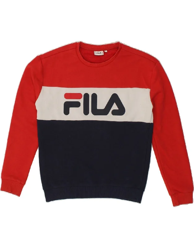 FILA Womens Loose Fit Graphic Sweatshirt Jumper UK 10 Small Navy Blue Hoodie with Hem Lace Feminine Delicate