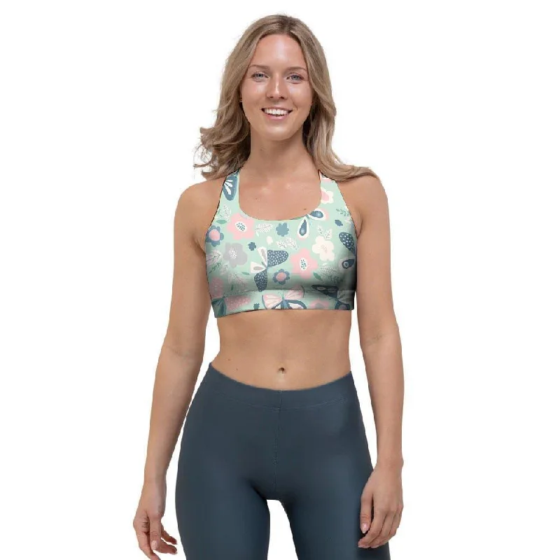 Floral Mint Butterfly Print Sports Bra Soft Mesh Bra