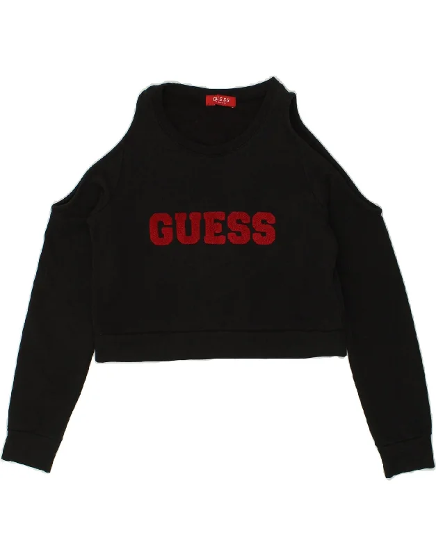 GUESS Womens Graphic Crop Sweatshirt Jumper UK 10 Small Black Hoodie with Magnetic Closure Innovative Modern