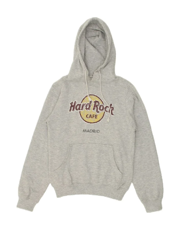 HARD ROCK CAFE Womens Madrid Graphic Hoodie Jumper UK 10 Small Grey Cotton Hoodie with Logo Branding Identity