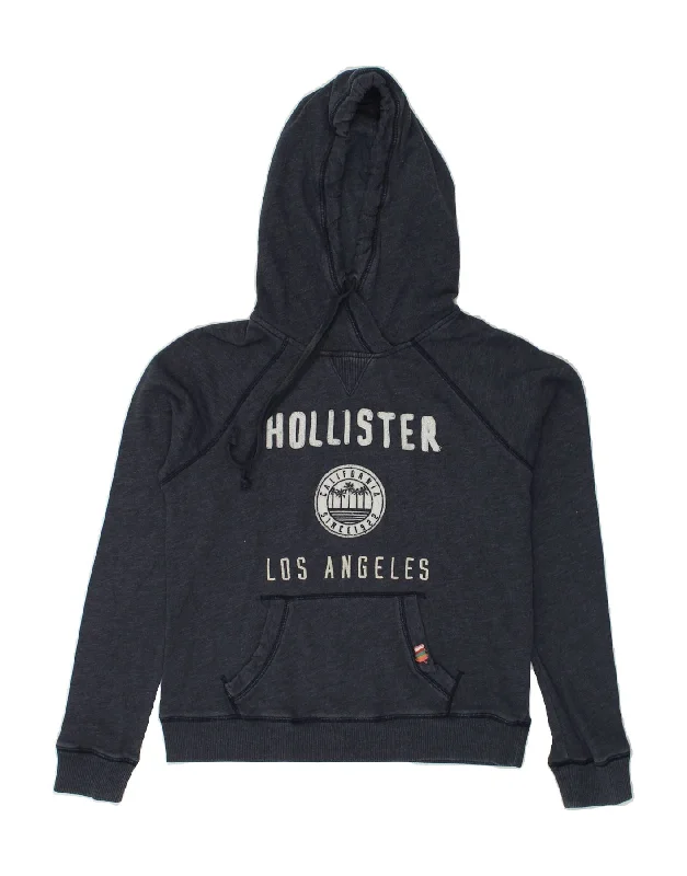 HOLLISTER Womens Graphic Hoodie Jumper UK 14 Medium Navy Blue Cotton Hoodie with Elastic Waist Stretchable Comfortable