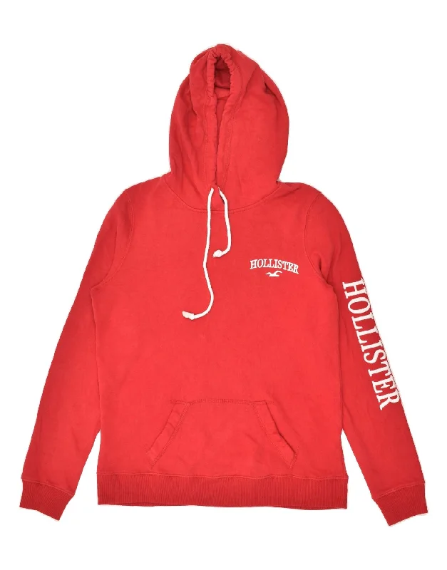 HOLLISTER Womens Graphic Hoodie Jumper UK 14 Medium Red Cotton Hoodie with Bell Sleeves Flared Feminine