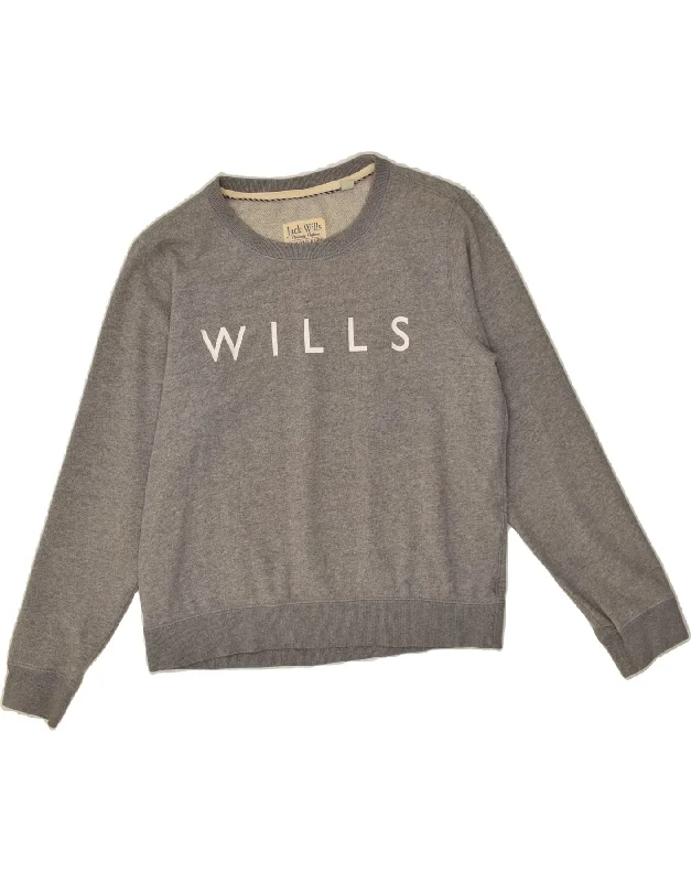 JACK WILLS Womens Graphic Sweatshirt Jumper UK 12 Medium Grey Cotton Hoodie with Illustration Artistic Creative