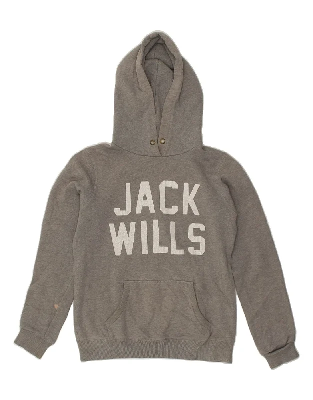 JACK WILLS Womens Loose Fit Graphic Hoodie Jumper UK 10 Small Grey Cotton Hoodie with Embroidery Detailed Premium