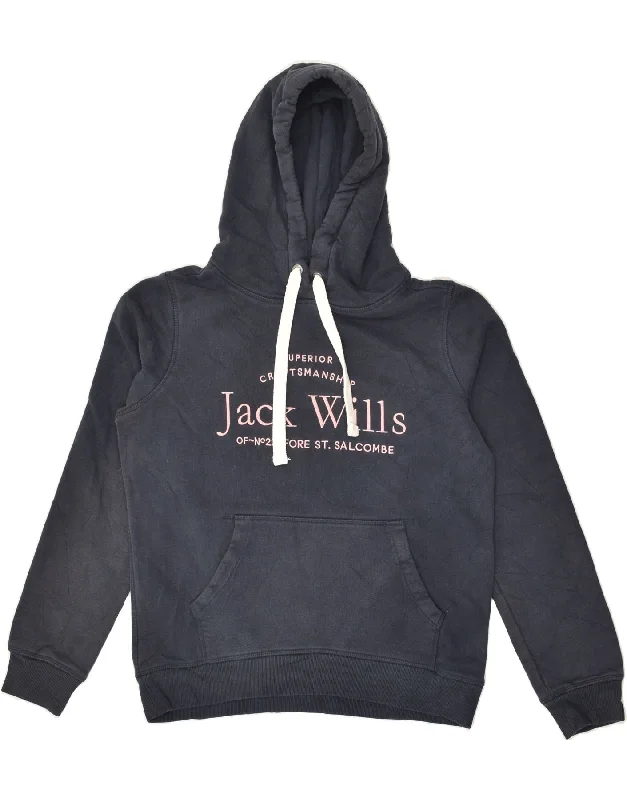 JACK WILLS Womens Oversized Graphic Hoodie Jumper UK 10 Small Navy Blue Hoodie with Cuffed Sleeves Snug Secure