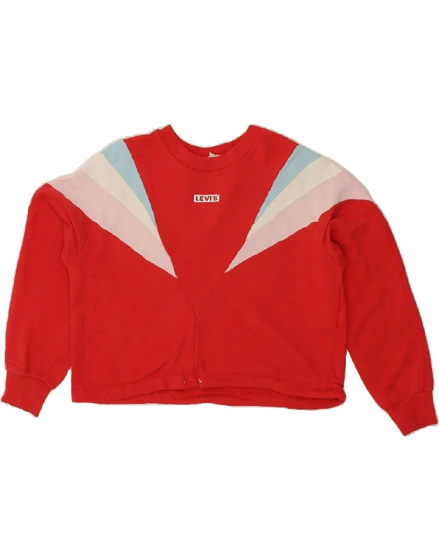 LEVI'S Womens Oversized Crop Sweatshirt Jumper UK 6 XS Red Colourblock Hoodie with Snap Buttons Easy Quick