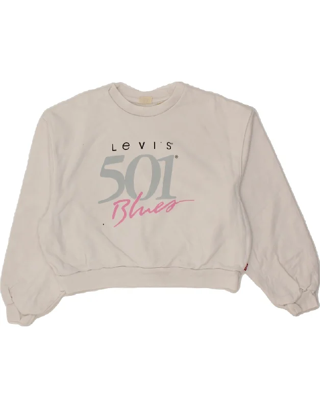 LEVI'S Womens Oversized Graphic Crop Sweatshirt Jumper UK 10 Small White Hoodie with Metallic Shiny Futuristic