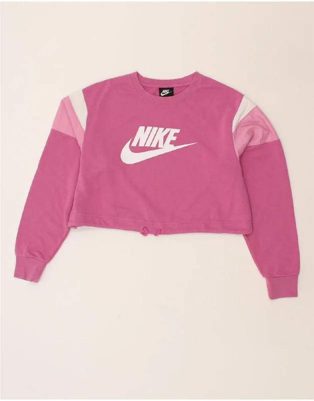 NIKE Womens Crop Graphic Sweatshirt Jumper UK 14  Medium Pink Colourblock Hoodie with Hem Embroidery Detailed Premium