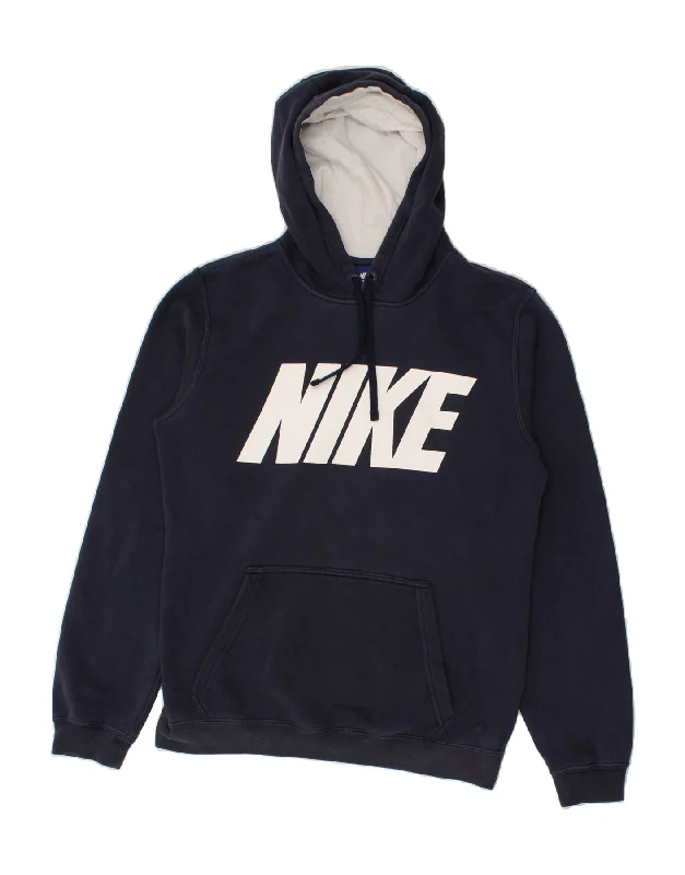 NIKE Womens Graphic Hoodie Jumper UK 10 Small Navy Blue Cotton Hoodie with Strings Custom Fit Adjustable