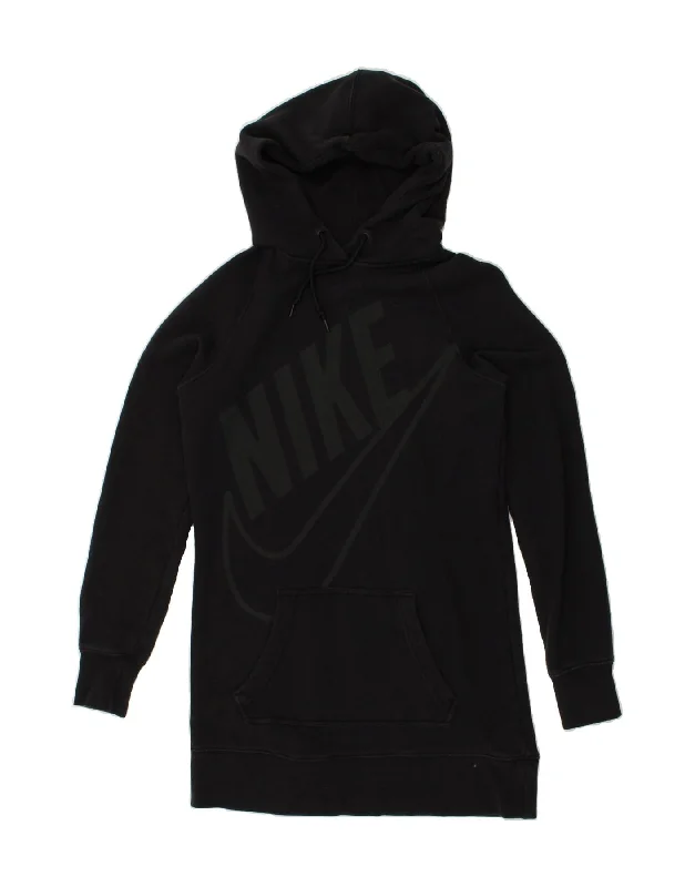 NIKE Womens Graphic Hoodie Jumper UK 14 Medium Black Cotton Hoodie with Mesh Breathable Sporty