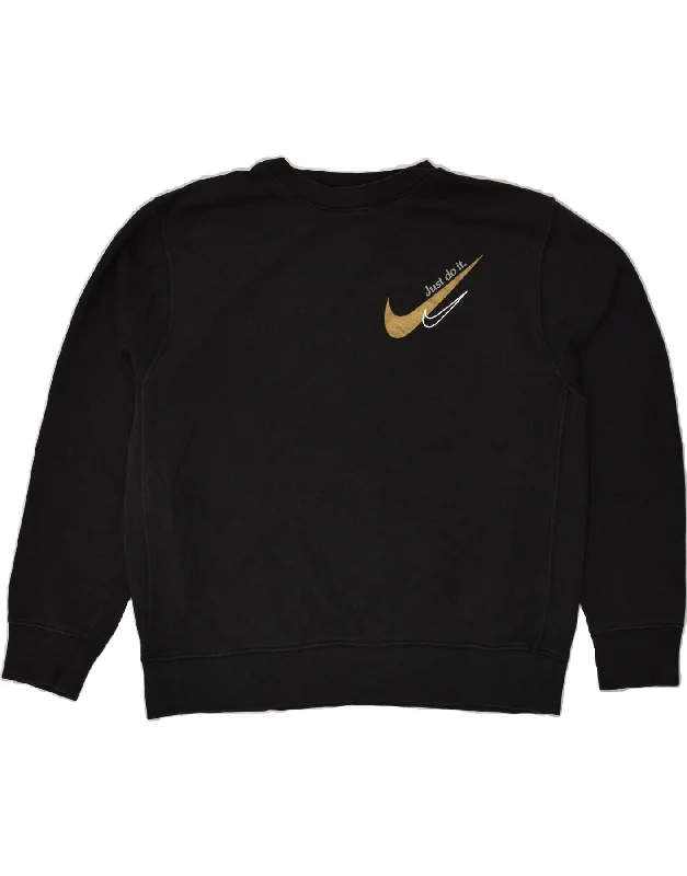 NIKE Womens Graphic Sweatshirt Jumper UK 14 Medium Black Cotton Hoodie with Back Slit Movement Comfort