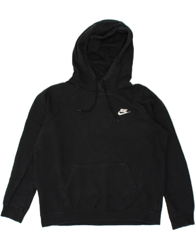 NIKE Womens Hoodie Jumper UK 16 Large Black Cotton Hoodie with Metallic Shiny Futuristic