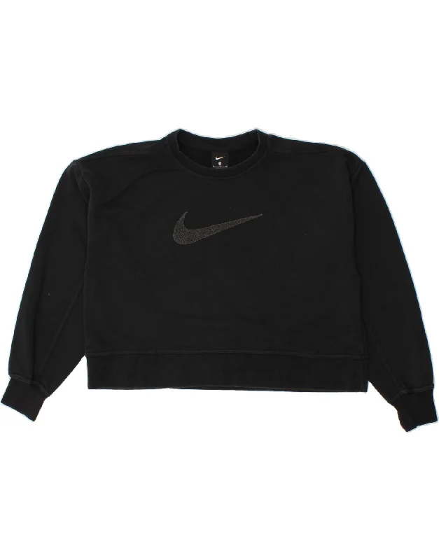 NIKE Womens Oversized Crop Sweatshirt Jumper UK 10 Small Black Hoodie with Slit Hem Functional Movement