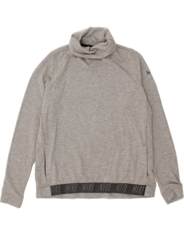 NIKE Womens Roll Neck Sweatshirt Jumper UK 16 Large Grey Colourblock Hoodie with Applique Textured Unique