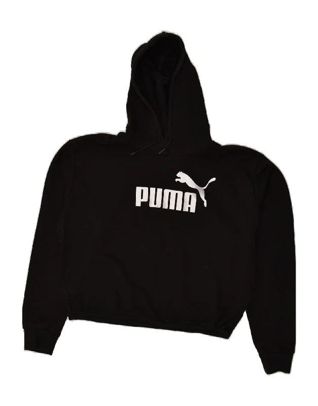 PUMA Womens Graphic Crop Hoodie Jumper UK 14 Medium Black Cotton Zip Hoodie Drawstring Kangaroo Pocket