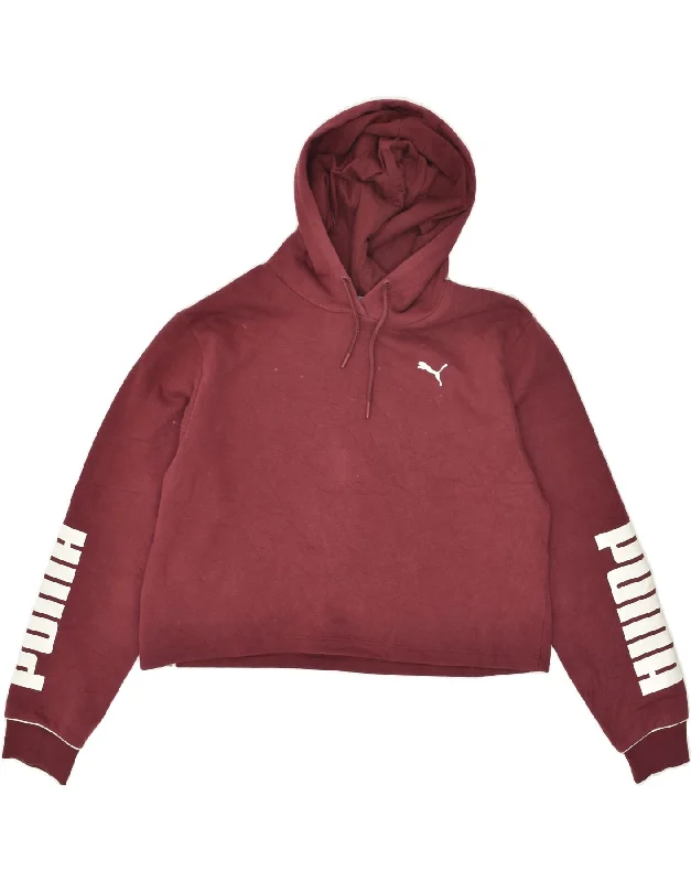 PUMA Womens Graphic Crop Hoodie Jumper UK 16 Large Burgundy Cotton Cotton Hoodie Fleece Lining Warmth