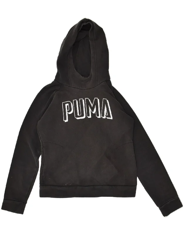 PUMA Womens Graphic Hoodie Jumper UK 10 Small Black Hoodie with Mock Neck Collared Structured