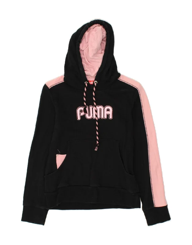 PUMA Womens Graphic Hoodie Jumper UK 10 Small Black Colourblock Cotton Hoodie with Applique Textured Unique