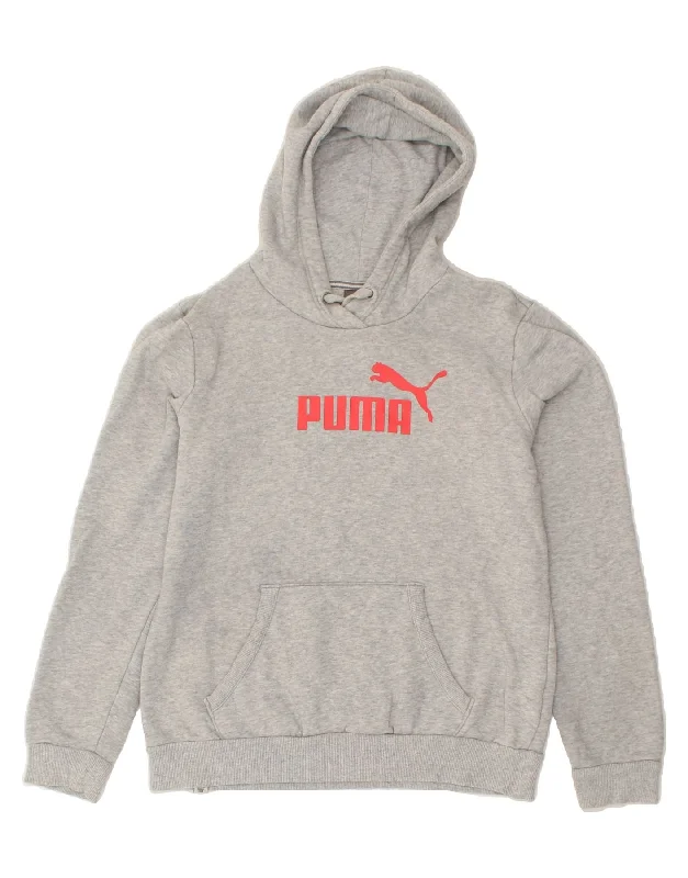 PUMA Womens Graphic Hoodie Jumper UK 12 Medium  Grey Cotton Hoodie with Hem Patch Decorative Personalized