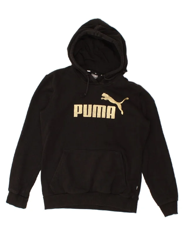 PUMA Womens Graphic Hoodie Jumper UK 6 XS Black Cotton Hoodie with Fur Luxurious Winter