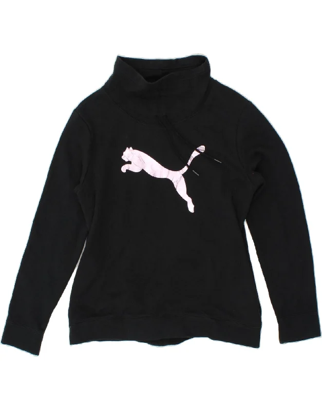 PUMA Womens Graphic Sweatshirt Jumper UK 14 Large Black Cotton Hoodie with Lace Feminine Delicate