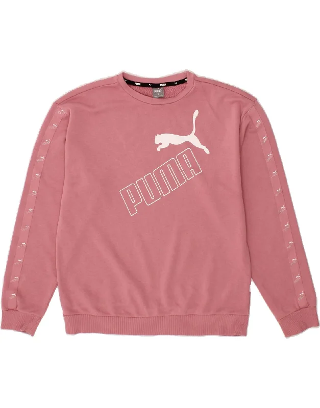 PUMA Womens Graphic Sweatshirt Jumper UK 14 Medium Pink Cotton Hoodie with Bell Sleeves Flared Feminine