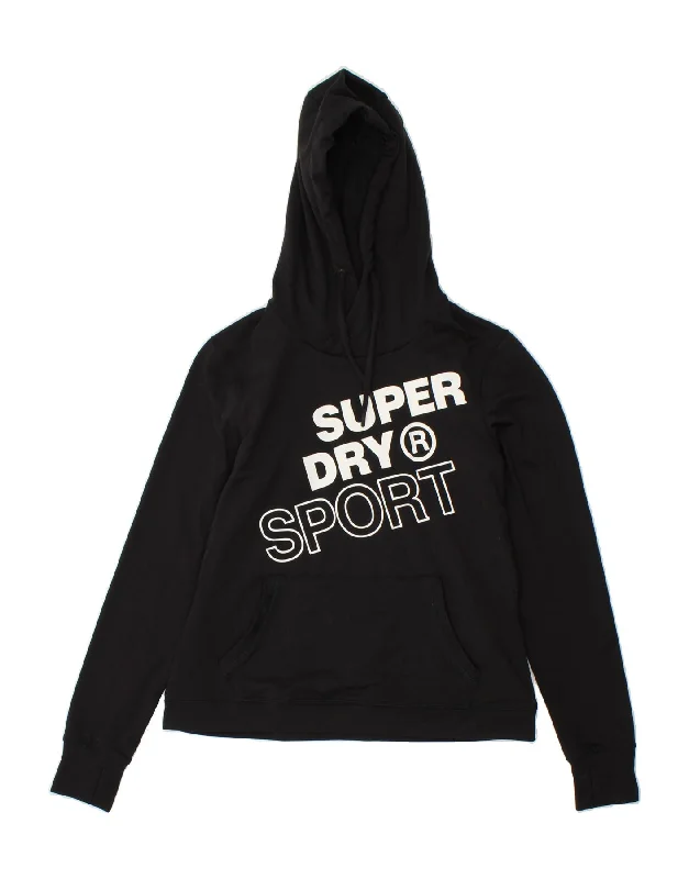 SUPERDRY Womens Graphic Hoodie Jumper UK 10 Small Black Polyester Hoodie with Sequins Glamorous Eye-catching