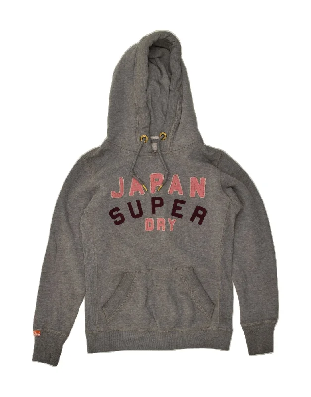 SUPERDRY Womens Graphic Hoodie Jumper UK 10 Small Grey Cotton Hoodie with Hem Fringe Bohemian Relaxed