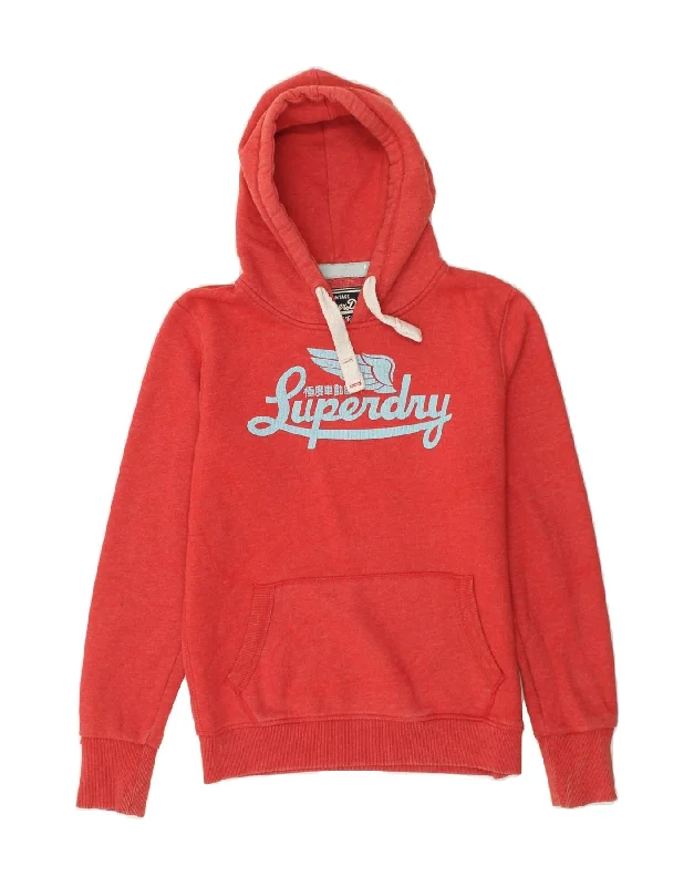 SUPERDRY Womens Graphic Hoodie Jumper UK 14 Large Red Cotton Hoodie with Print Artistic Unique