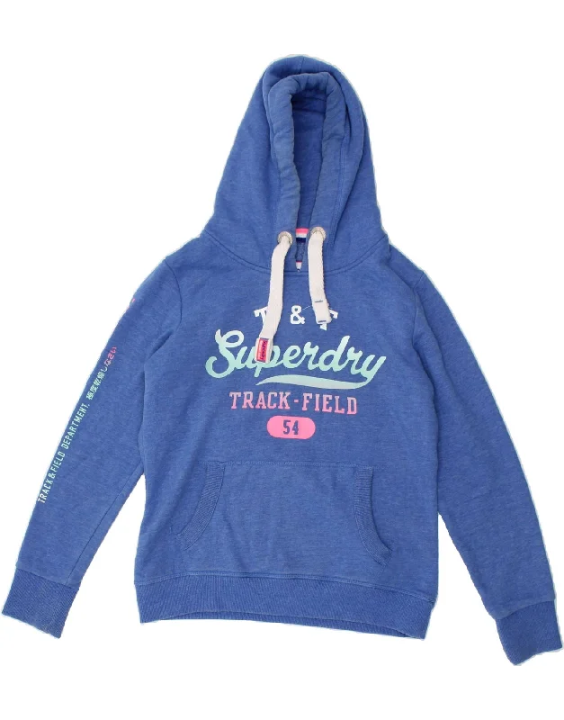 SUPERDRY Womens Graphic Hoodie Jumper UK 14 Medium Blue Cotton Hoodie with Back Slit Movement Comfort