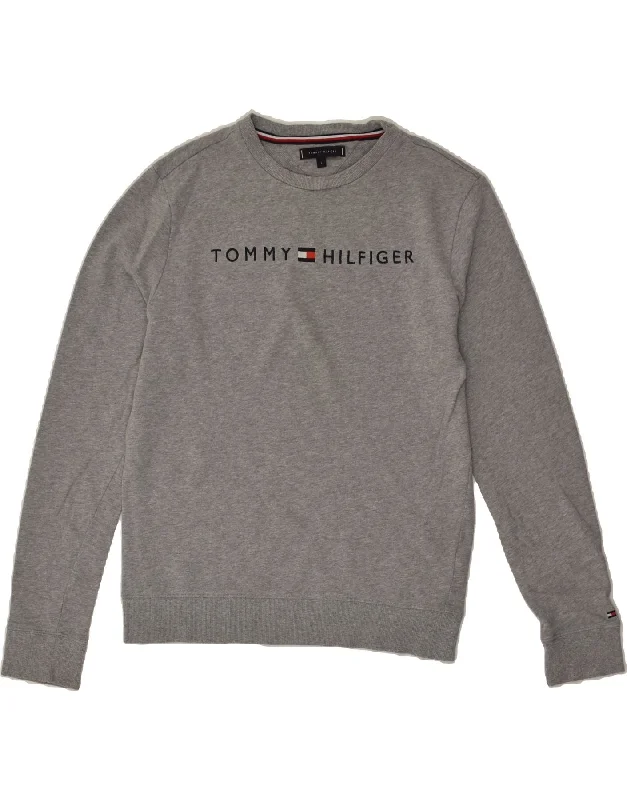 TOMMY HILFIGER Womens Graphic Sweatshirt Jumper UK 14 Large Grey Cotton Hoodie with Raglan Sleeves Sporty Comfortable